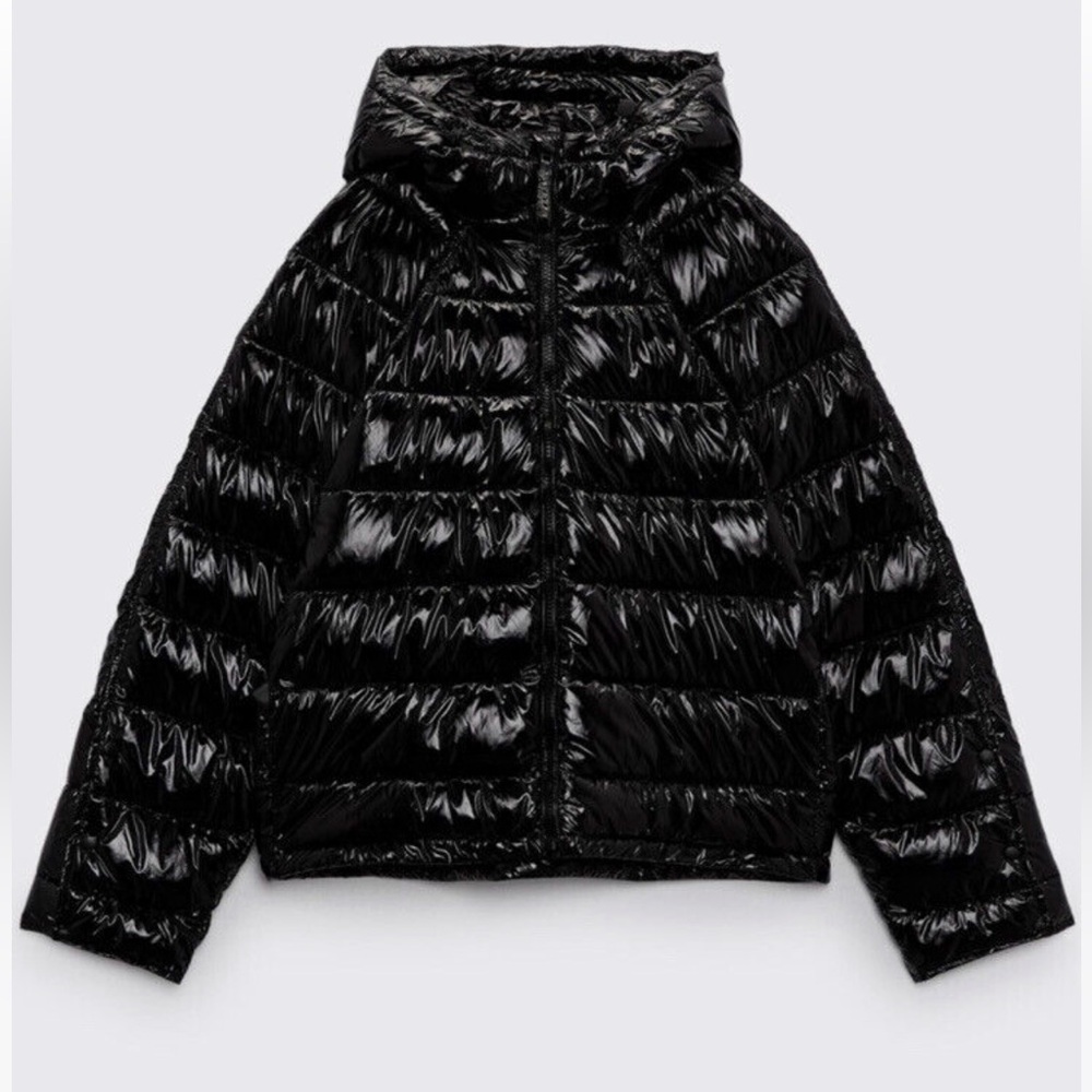 ZARA BLACK SHINY VINYL QUILTED WATER REPELLENT SHORT PUFFER JACKET COAT